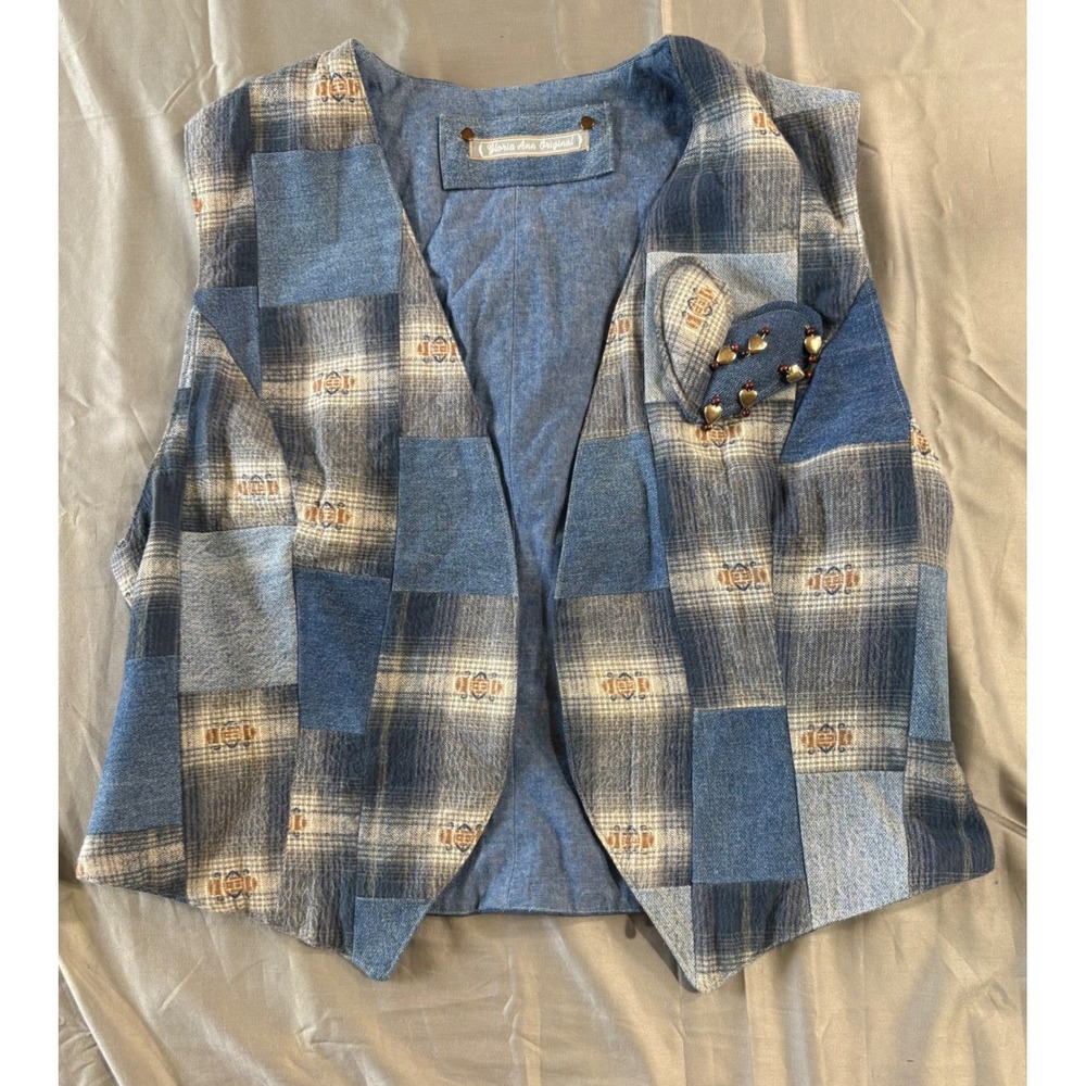 Gloria Ann Original Denim Patchwork Vest Blue Plaid Heart Studs Cottagecore L